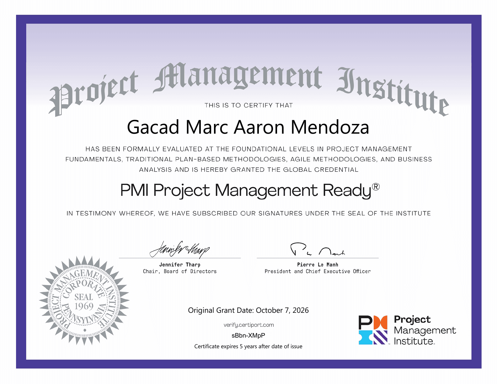 PMI Project Management Ready certificate awarded to Marc Aaron