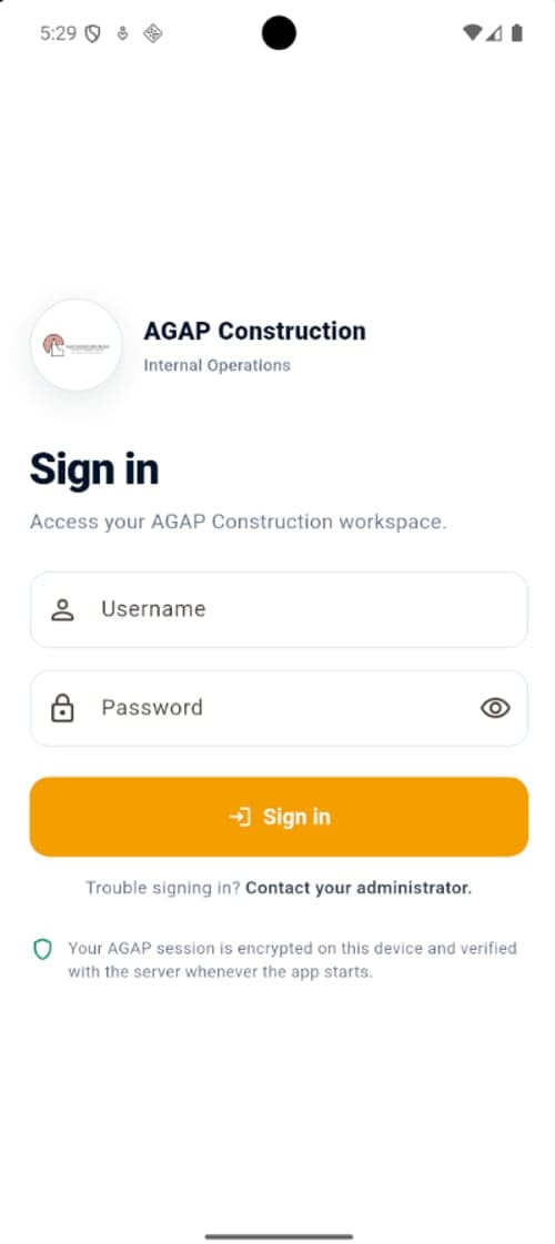 AGAP mobile application secure sign-in screen